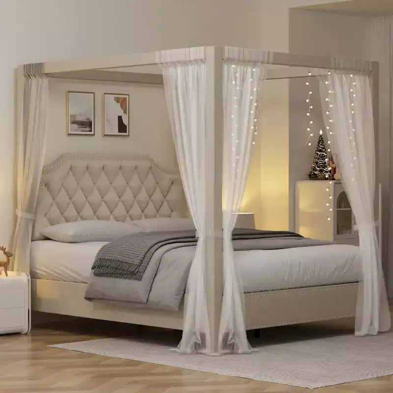 Hemelbedframe voor queensize bed met palen, hoekbeugels voor 4 hoeken, ondersteuning met latten van massief hout, geen boxspring nodig, geluidloos