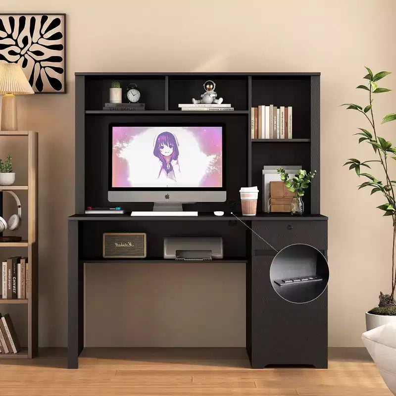 Moderne computerbureau van 51,18 inch met opzetkast en boekenkast, kantoorbureau met veel opbergruimte, schrijf bureau voor studeerkamer en leesruimte