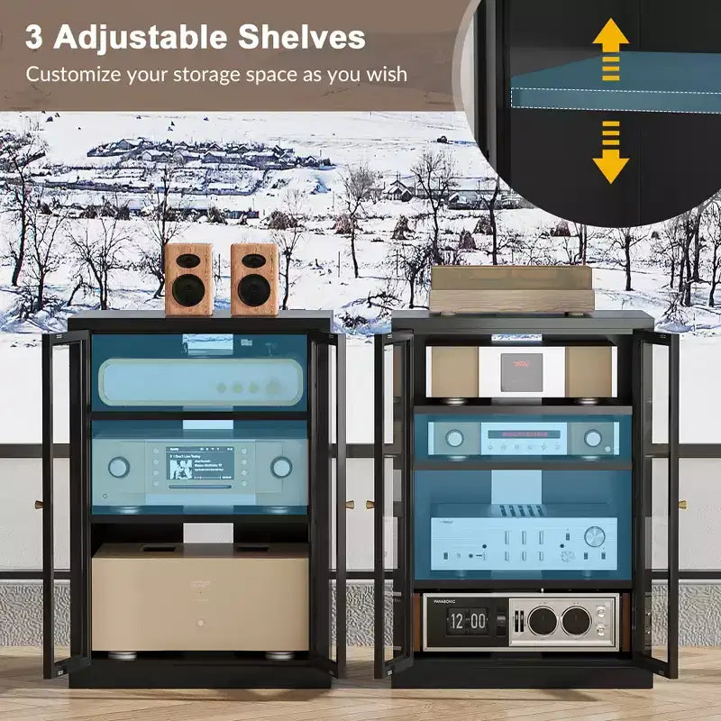 Bekrvio Metall-Mediaschrank, 4-stufiger Stereoschrank mit Glastüren und verstellbaren Einlegeböden, Audio-AV-Rack mit Kabelmanagement