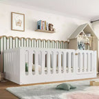 White Twin Montessori Floor Bed with Fence Rails & Door 鈥?Solid Wood, 1 Child
