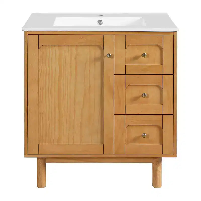 JVNOXK 76 cm rustikaler moderner Waschtischunterschrank aus Keramik mit 3 Schubladen und 1 großen Soft-Close-Tür, Aufbewahrungsschrank, natürliche Holzmaserung