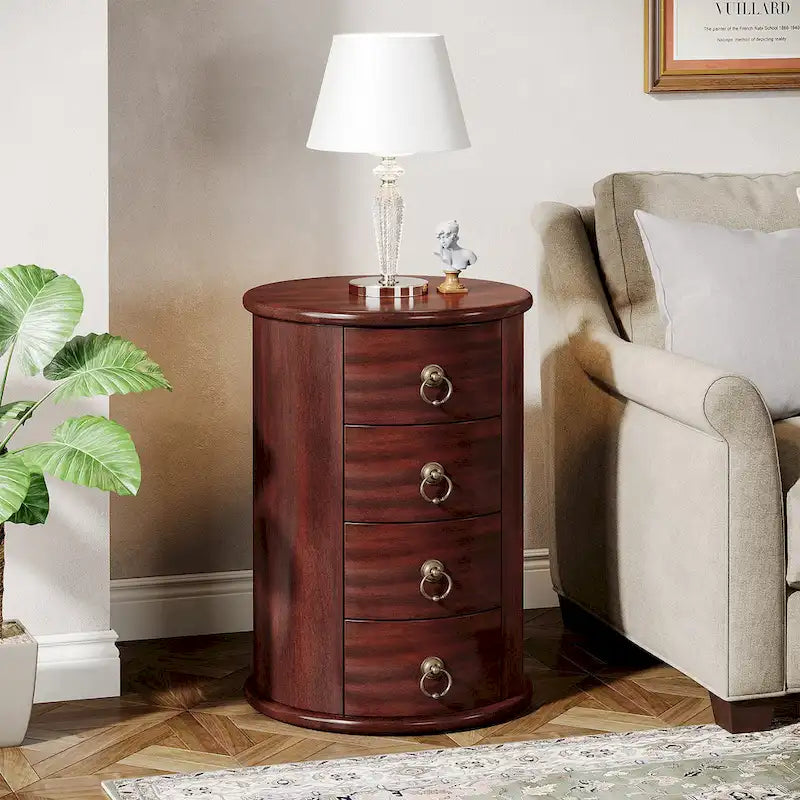 Tavolino laterale in legno massello senza montaggio, con cassetti rotondi in stile vintage