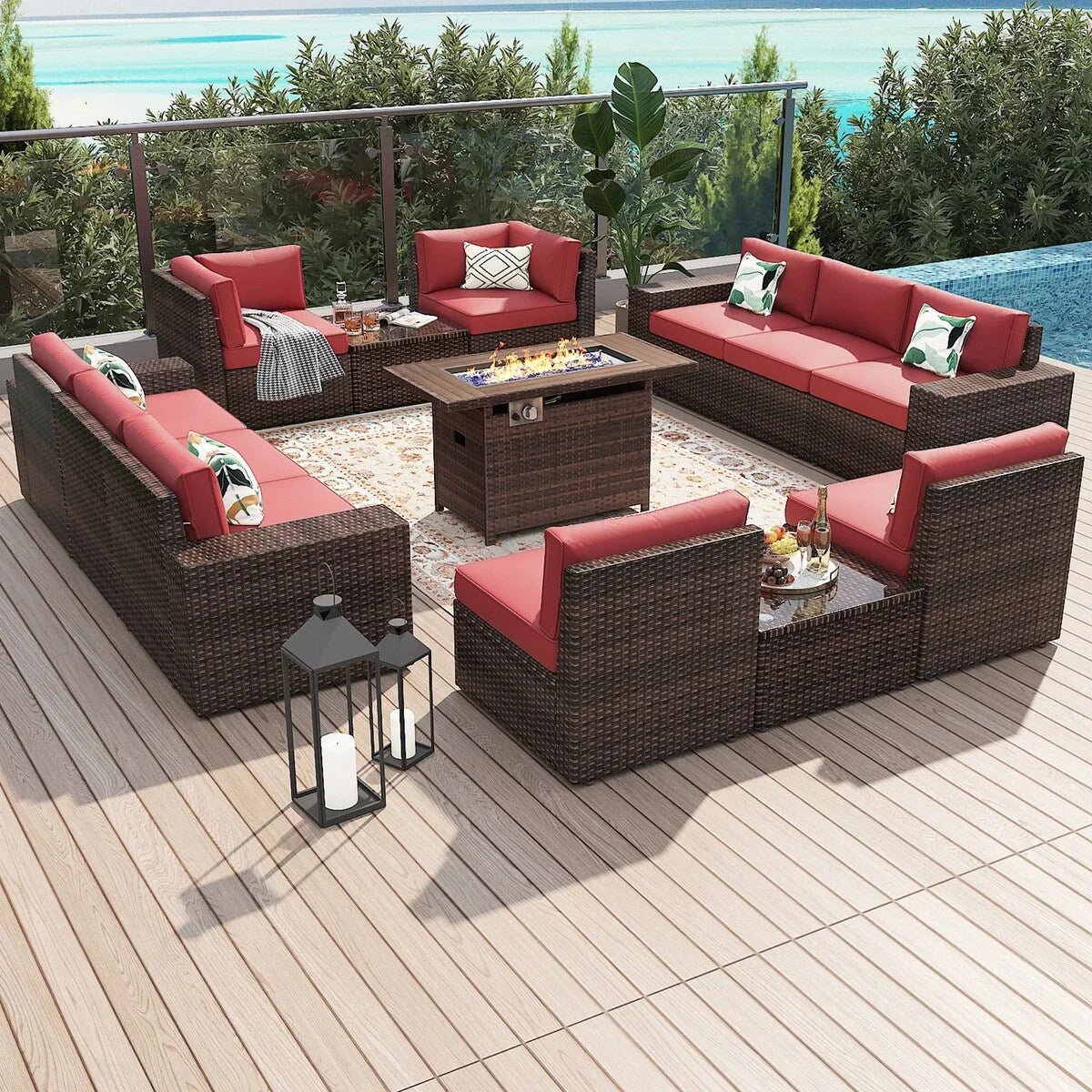 Set di mobili da patio da 13 pezzi con tavolo per braciere 44Fire