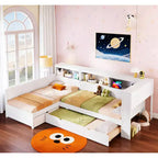 Twin Size L-shaped Platform Bed with Trundle & Charging Station, Wood Bed Frame with Bookshelf