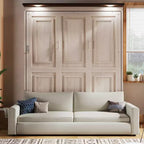 Murphy-bed in queensize met bank, houten kastbed in queensize met ledverlichting, opklapbaar wandbed voor de logeerkamer, beige