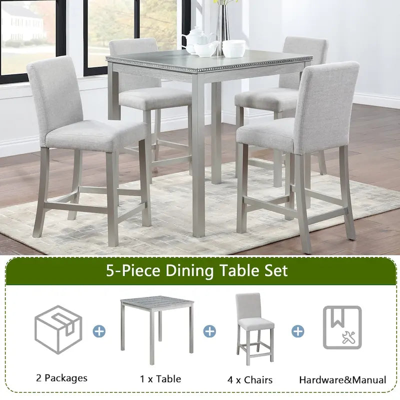 Set da pranzo moderno da 5 pezzi con tavolo quadrato ad altezza bancone e 4 sedie imbottite