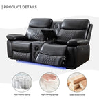 Elektrisch verstellbares Sofa mit kabellosem Ladegerät, Leselicht, LED-Beleuchtung für das Wohnzimmer, Kunstleder, AC-/USB-Anschluss, Getränkehalter, Schwarz