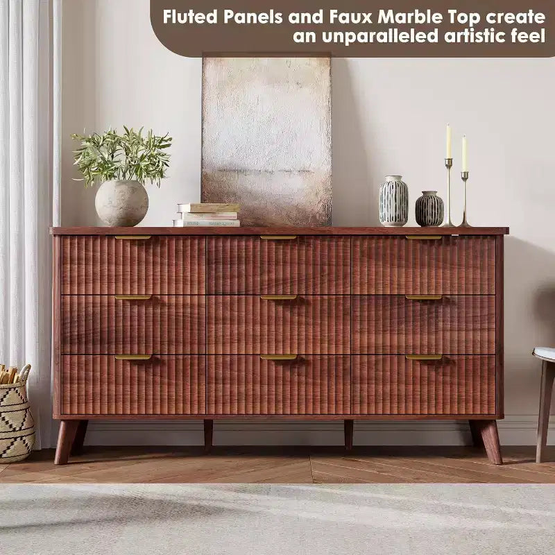 Dressoir met 9 laden en geribbelde voorkant, moderne ladekast, houten dressoir/TV-meubel met gebogen profiel, voor woonkamer of hal