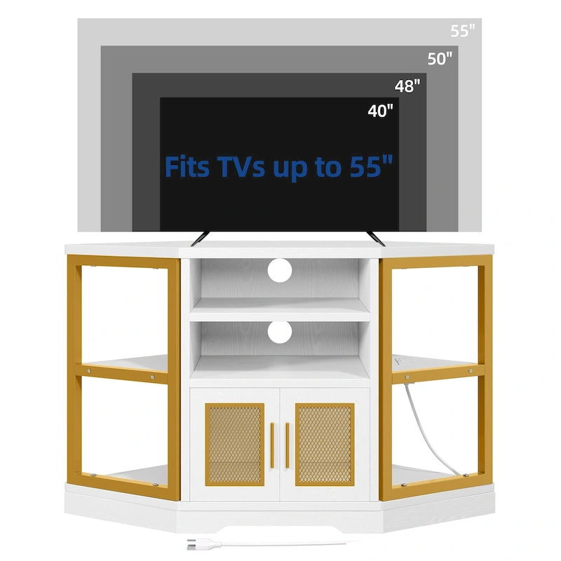 Mobile TV angolare in stile farmhouse, centro d'intrattenimento e consolle multimediale per TV fino a 55" con presa di corrente