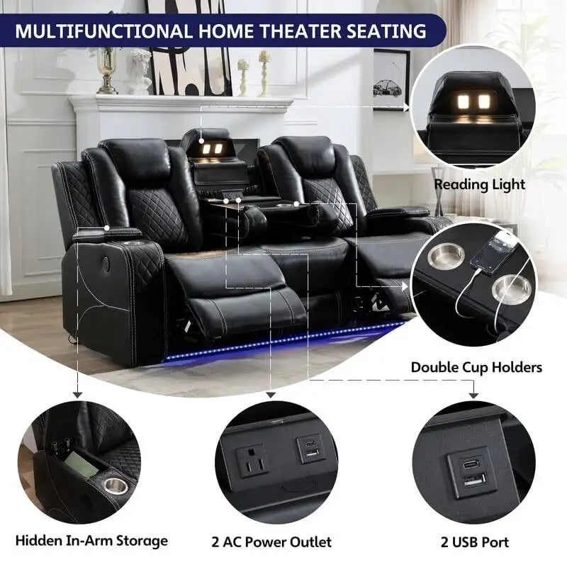 Elektrisch verstellbares Sofa mit kabellosem Ladegerät, Leselampe für das Wohnzimmer, Kunstleder, LED-Beleuchtung, AC-/USB-Anschluss und Getränkehalter, Schwarz