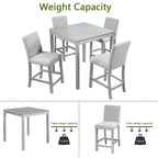 Set da pranzo moderno da 5 pezzi con tavolo quadrato ad altezza bancone e 4 sedie imbottite