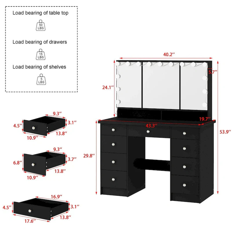 Luxuriöser LED-Schminktisch mit 9 Schubladen, eleganter Schminkplatz