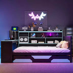 Full/Queen Gaming Daybed with Bookcase Headboard, LED Lights, Integrated Desk, Drawers and Charging Station