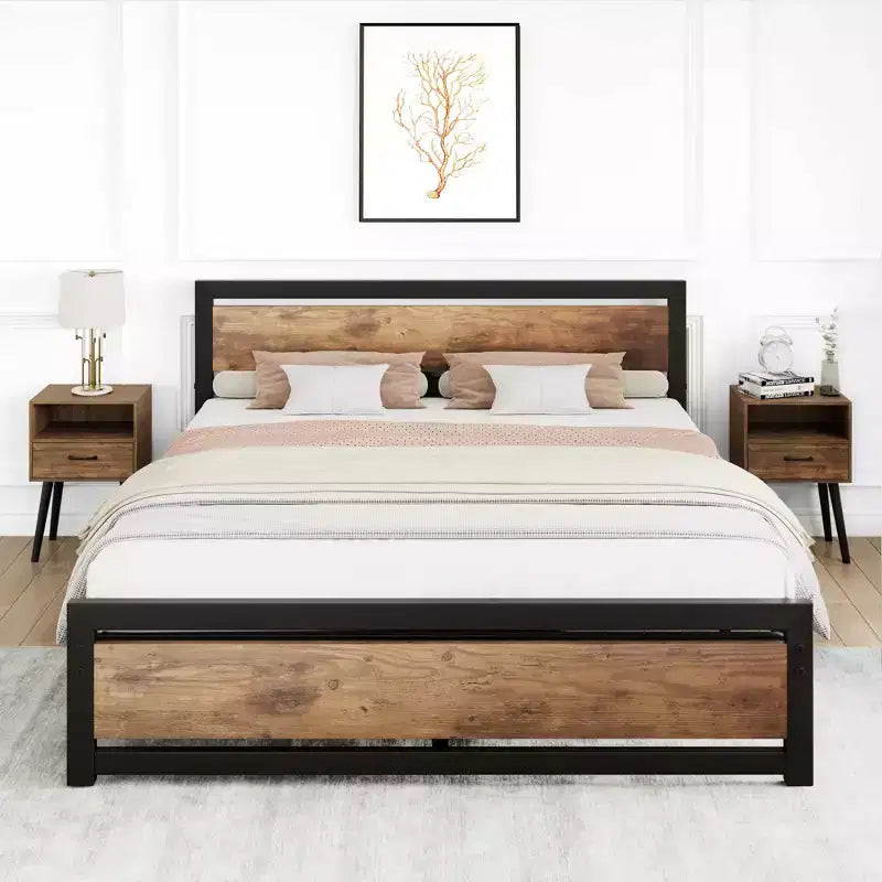 Qafas ta’ sodda heavy-duty b’headboard u footboard, pjattaforma tal-metall b’ħażna ta’ 13.8, mingħajr storbju u assemblaġġ mingħajr għodda, kannella vintage