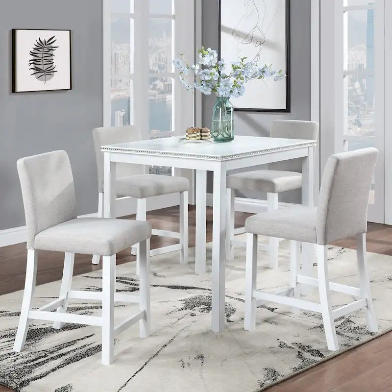 Set da pranzo moderno da 5 pezzi con tavolo quadrato ad altezza bancone e 4 sedie imbottite