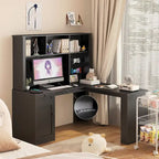 L-vormig bureau met stopcontact, computerbureau met laden, boekenkast en opzetkast, modern hoekbureau, bureau voor thuiskantoor