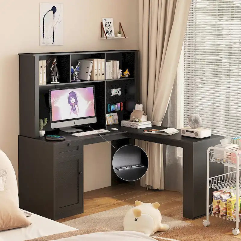 L-vormig bureau met stopcontact, computerbureau met laden, boekenkast en opzetkast, modern hoekbureau, bureau voor thuiskantoor