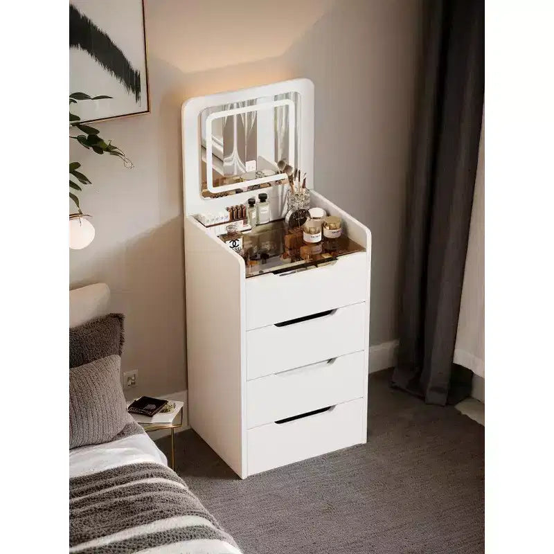 Toeletta 3-in-1 Okak con specchio ribaltabile, toeletta compatta con piano in vetro trasparente e sgabello imbottito, scrivania da toeletta per camera da letto