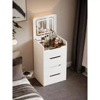 Toeletta 3-in-1 Okak con specchio ribaltabile, toeletta compatta con piano in vetro trasparente e sgabello imbottito, scrivania da toeletta per camera da letto