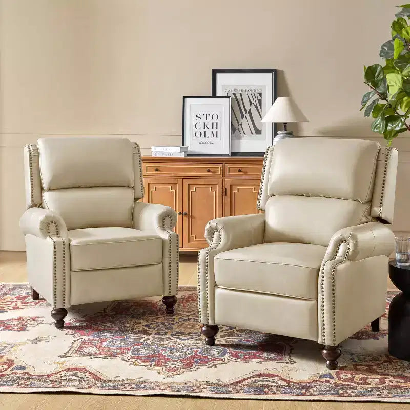 Set van 2 moderne Elisabete-fauteuils met hoge rugleuning van echt leer en vintage spijkerkopafwerking voor woonkamer en slaapkamer| ART OF LIVING DESIGNS