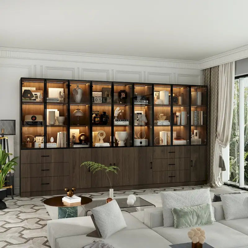 Credenza illuminata personalizzabile in alluminio e vetro per buffet o libreria