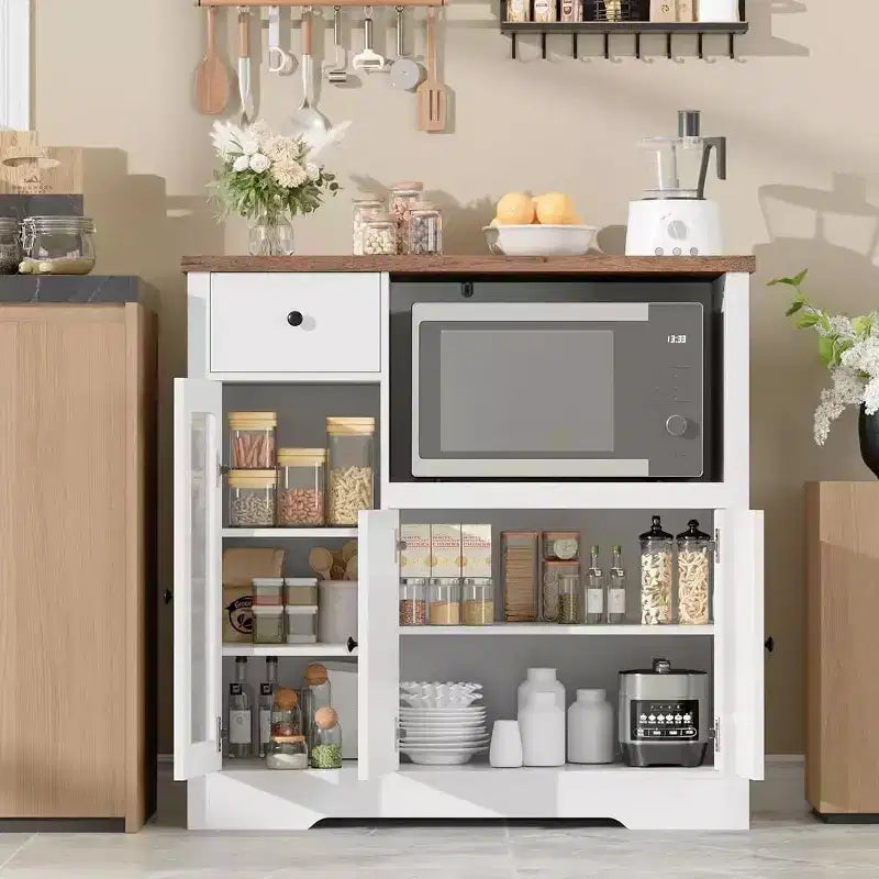 Mobile da cucina per microonde con contenitore, 3 ante, 1 cassetto e ripiani regolabili, mobile dispensa
