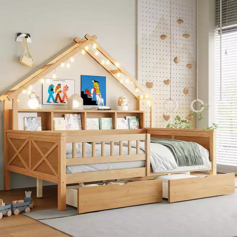 Struttura letto a casetta matrimoniale con cassetti, letto a piattaforma a casetta con luci LED, ripiani e cassetti contenitori, letto da giorno in legno con tetto e sponde di protezione