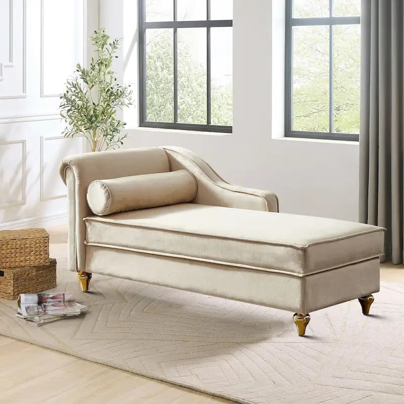Chaise longue elegante francese rivestita in velluto con contenitore e cuscino