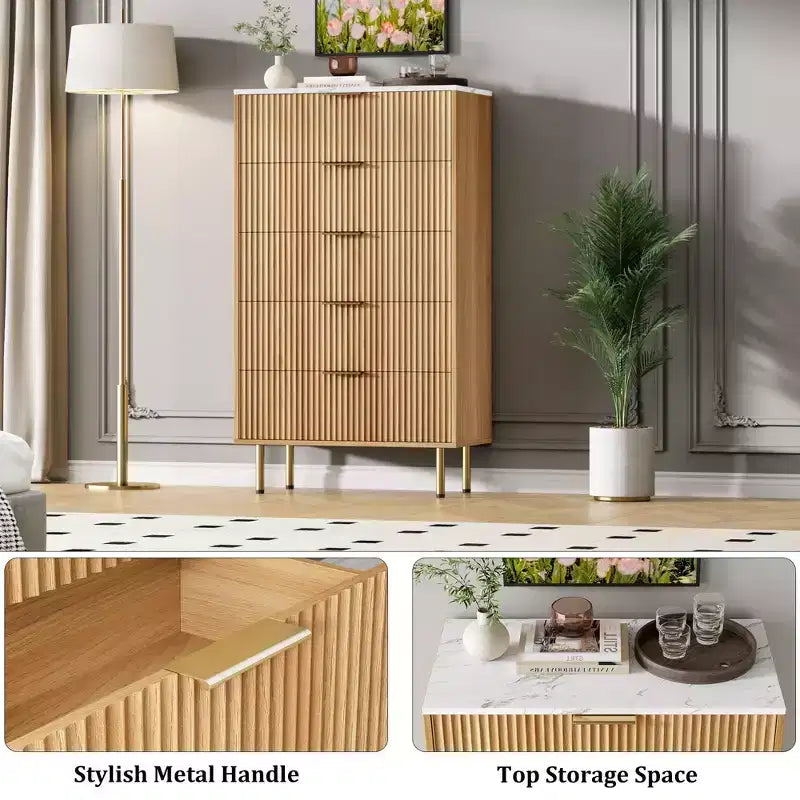 Weiß / Marmor und Holz, Kommode mit 5 Schubladen – geriffelte Front, für 1 Person