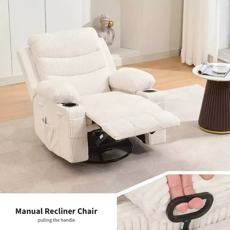 Περιστρεφόμενη πολυθρόνα-κούνια ανάκλισης με μασάζ και θέρμανση, περιστρεφόμενη κατά 360° με ποτηροθήκες και πλαϊνές τσέπες, εργονομικός καναπές χαλάρωσης για σαλόνι, τροχόσπιτο ή βρεφικό δωμάτιο