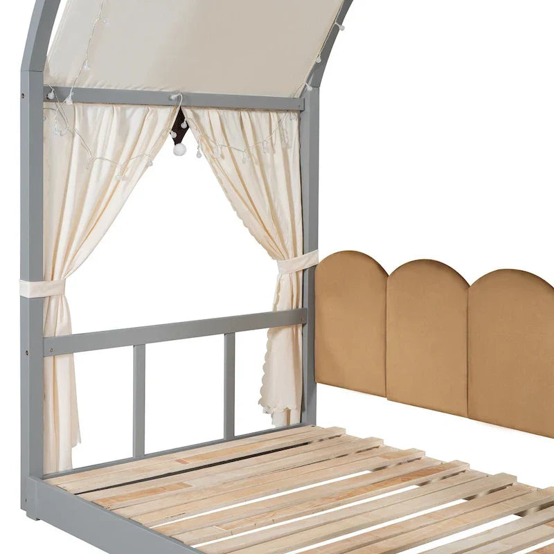 Letto Montessori a piattaforma in legno massello a forma di casetta, con tetto ad arco e letto estraibile, per bambine e bambini