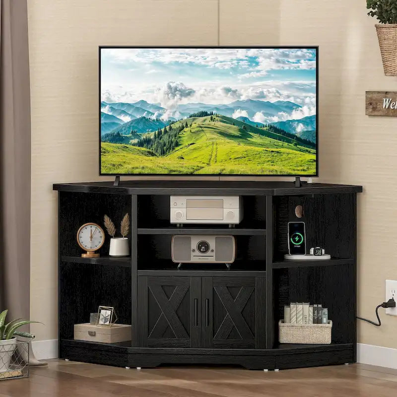 Mobile TV angolare in stile farmhouse, centro d'intrattenimento e consolle multimediale per TV fino a 55" con presa di corrente