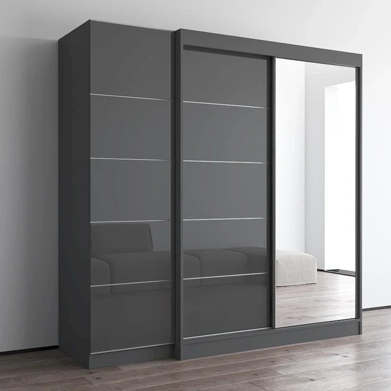 2-türiger Kleiderschrank mit Spiegel und Glasfront für 2 Personen (Grau/Schwarz/Weiß)