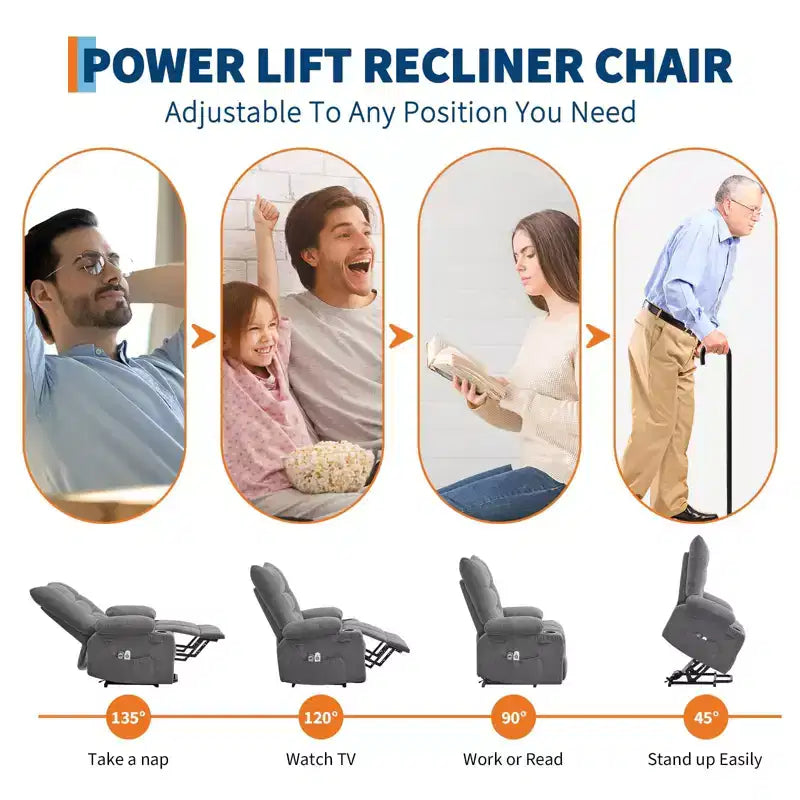 Power Lift Recliner Chair for Elderly with Massage and Heat, Oversized Massage & Heat Recliner with Soft Padded Upholstery, Side Pocket & Cup Holders