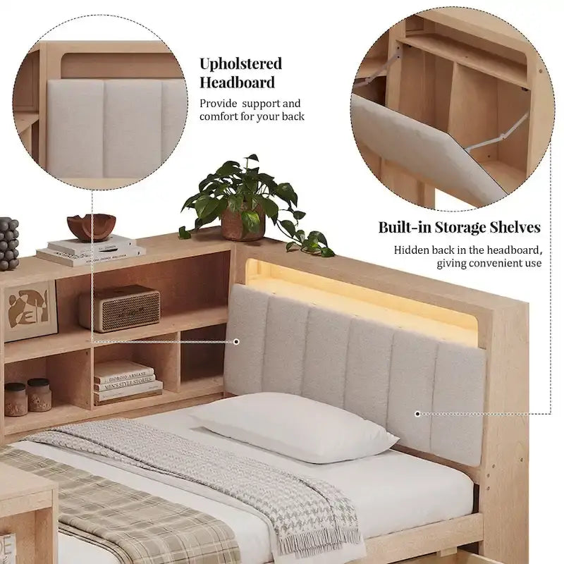 Divano letto in legno a forma di L con scrivania, libreria, letto angolare con cassetti sottoletto, testiera imbottita con luce integrata