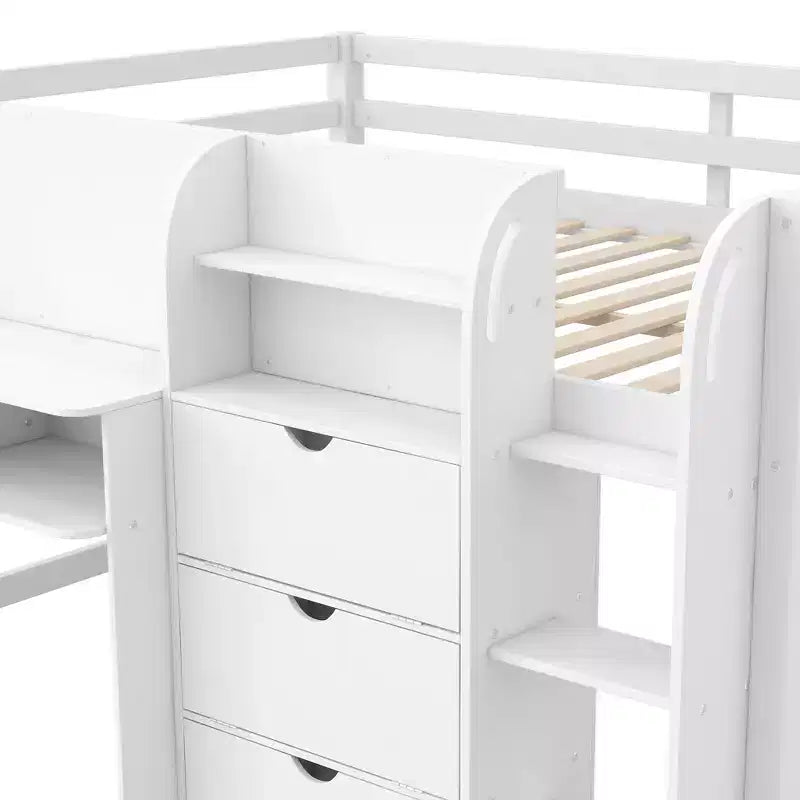 Roze/wit laag halfhoogslaper met bureau, opbergruimte en whiteboard – eenpersoonsbed, voor 1 persoon