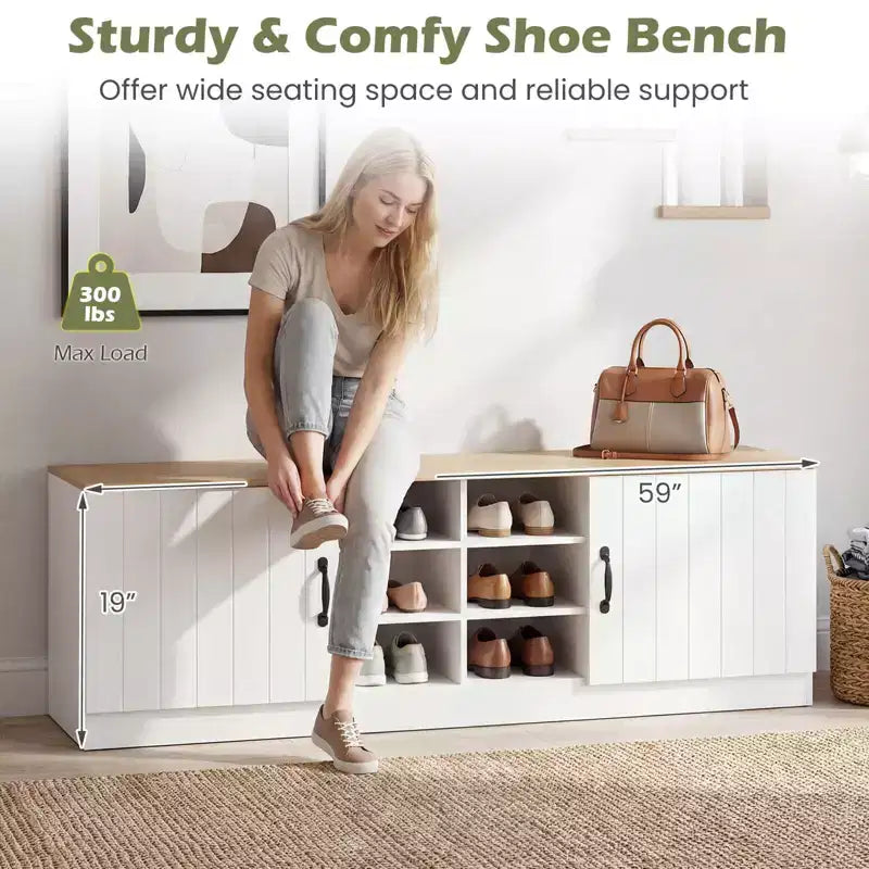 Schuhbank mit 2 Türen, verstellbaren Einlegeböden und verborgenem Stauraum, Natur + Weiß/Whi5te