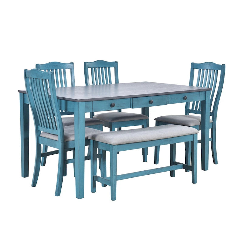 Set da pranzo in legno da 6 pezzi con 4 sedie e panca, tavolo con cassetto