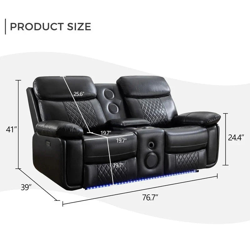 Elektrisch verstellbares Sofa mit kabellosem Ladegerät, Leselicht, LED-Beleuchtung für das Wohnzimmer, Kunstleder, AC-/USB-Anschluss, Getränkehalter, Schwarz
