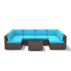 7-delige outdoor loungeset van vlechtwerk en staal met kussens