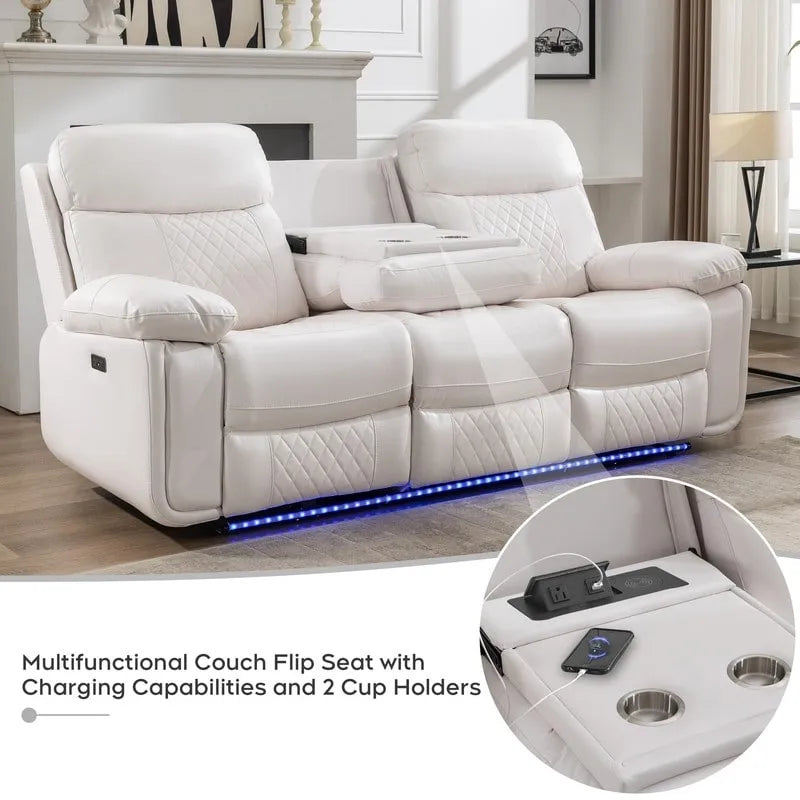 Elektrisch verstellbares Sofa mit kabellosem Ladegerät, Leselicht, LED-Beleuchtung für das Wohnzimmer, Kunstleder, AC-/USB-Anschluss, Getränkehalter, Schwarz