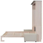 Murphy-bed in queensize met bank, houten kastbed in queensize met ledverlichting, opklapbaar wandbed voor de logeerkamer, beige
