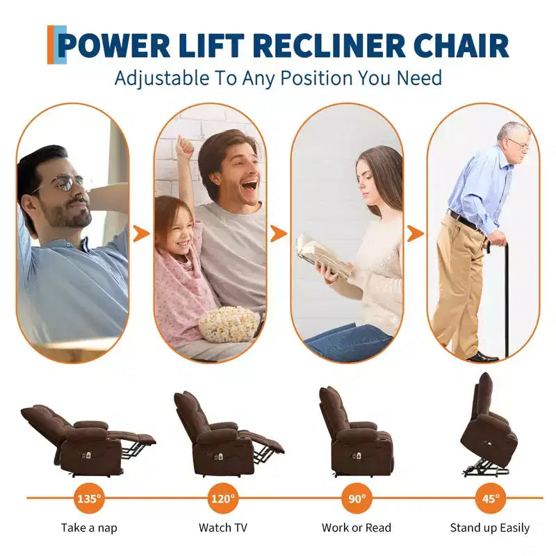 Power Lift Recliner Chair for Elderly with Massage and Heat, Oversized Massage & Heat Recliner with Soft Padded Upholstery, Side Pocket & Cup Holders