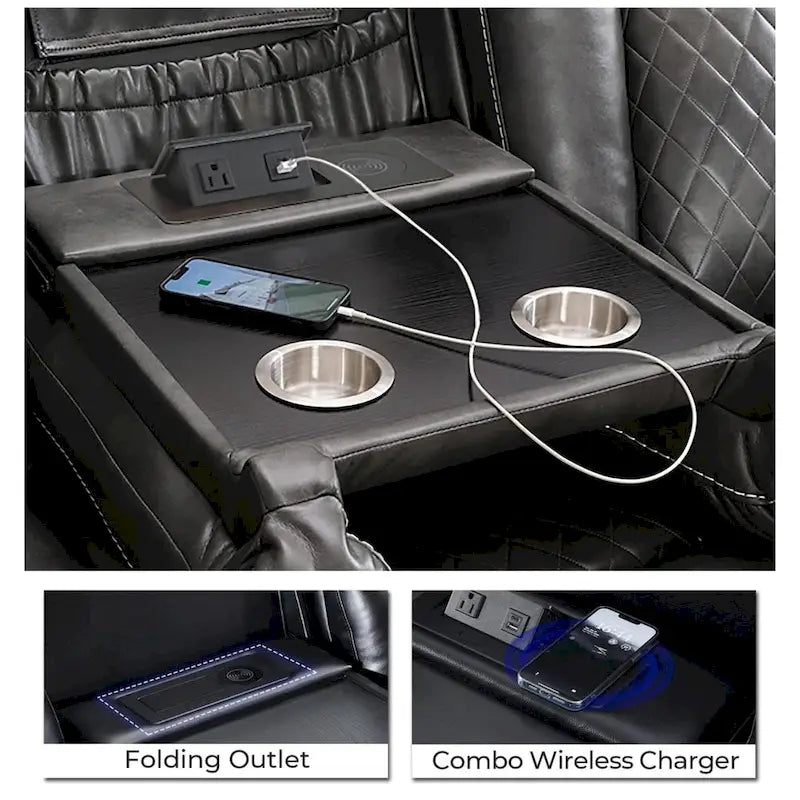 Elektrisch verstellbares Sofa mit kabellosem Ladegerät, Leselampe für das Wohnzimmer, Kunstleder, LED-Beleuchtung, AC-/USB-Anschluss und Getränkehalter, Schwarz