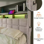 Letto matrimoniale queen size con contenitore idraulico, LED, USB, testiera imbottita, senza rete a doghe, facile da montare
