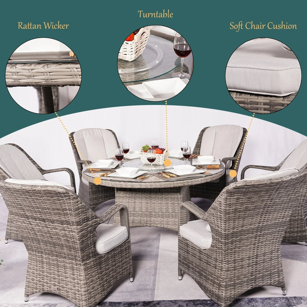 7-delige ronde eetset van rotan voor buiten op het terras, met kussens, van Moda Furnishings