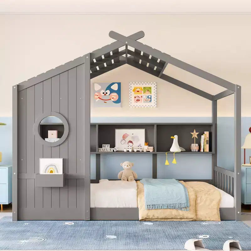 Huisvormig platformbed voor eenpersoonsbed/tweepersoonsbed, peuter-vloerbed, Montessori-kinderbed en speelhuisbed met opbergplank - ModernLuxe