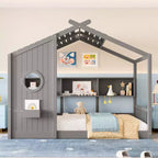 Huisvormig platformbed voor eenpersoonsbed/tweepersoonsbed, peuter-vloerbed, Montessori-kinderbed en speelhuisbed met opbergplank - ModernLuxe