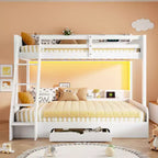 Twin over Full Bunk Bed with Storage, LED Lights & Charging Station, Wood Bunked Bed Beside Shelves for Kids & Teens