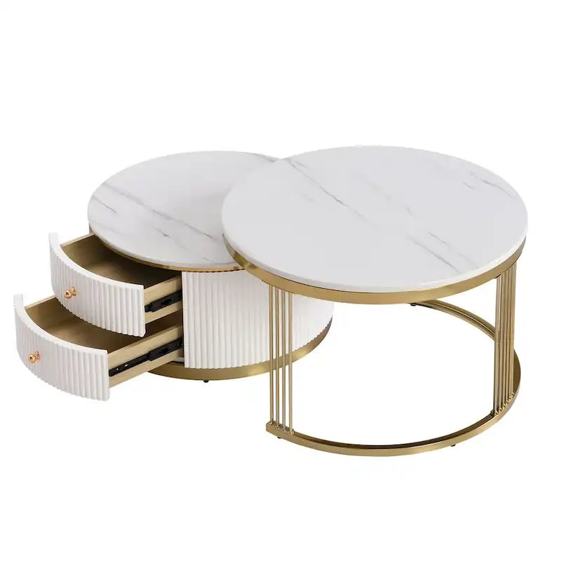 Set di 2 tavolini da salotto rotondi bianchi sovrapponibili con cassetti